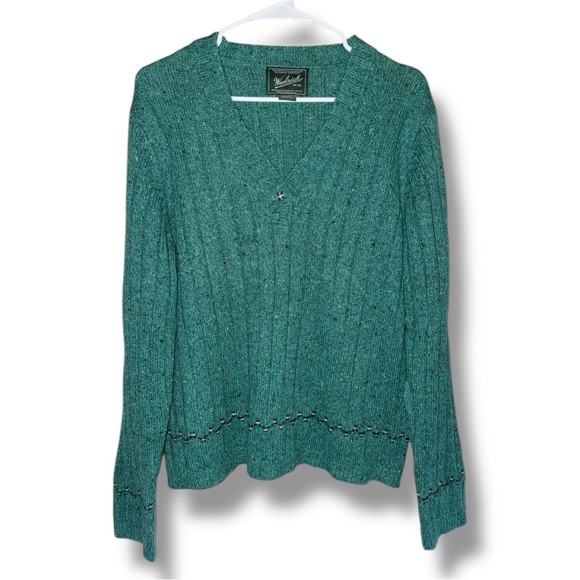 WOOLRICH Sweater Vintage Y2K V-neck Teal Ribbed Wool Blend Pullover Women’s L - Picture 15 of 16